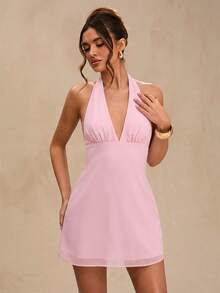 SHEIN BAE Spring/Summer Solid Black Deep Draped Neck Halter Sexy Cowl Neck Backless Women's Chiffon Mini Dress - Baby Pink - View 6