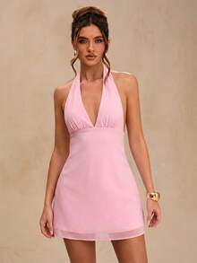 SHEIN BAE Spring/Summer Solid Black Deep Draped Neck Halter Sexy Cowl Neck Backless Women's Chiffon Mini Dress - Baby Pink - View 7
