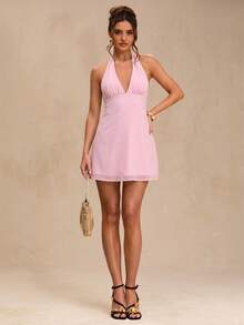 SHEIN BAE Spring/Summer Solid Black Deep Draped Neck Halter Sexy Cowl Neck Backless Women's Chiffon Mini Dress - Baby Pink - View 5