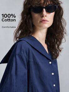 Ontre Women's Comfortable Premium Fabric Fitted Loose Fit Dropped Shoulder Three-Quarter Sleeve Cocoon Sleeve Silhouette Front Placket Body All Season Versatile Modern Urban Fashion Business Casual Office Wear Low-Key Old Money Style Elegant Sophisticated Commute High Quality Airport Outfit Intellectual Graceful Old Money Style Cruise Wear Wedding Guest Attire Minimalist Elegant Special Edition Shirt - Navy Blue - View 5