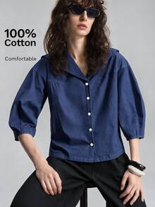 Ontre Women's Comfortable Premium Fabric Fitted Loose Fit Dropped Shoulder Three-Quarter Sleeve Cocoon Sleeve Silhouette Front Placket Body All Season Versatile Modern Urban Fashion Business Casual Office Wear Low-Key Old Money Style Elegant Sophisticated Commute High Quality Airport Outfit Intellectual Graceful Old Money Style Cruise Wear Wedding Guest Attire Minimalist Elegant Special Edition Shirt - Navy Blue - View 4