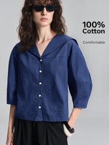 Ontre Women's Comfortable Premium Fabric Fitted Loose Fit Dropped Shoulder Three-Quarter Sleeve Cocoon Sleeve Silhouette Front Placket Body All Season Versatile Modern Urban Fashion Business Casual Office Wear Low-Key Old Money Style Elegant Sophisticated Commute High Quality Airport Outfit Intellectual Graceful Old Money Style Cruise Wear Wedding Guest Attire Minimalist Elegant Special Edition Shirt - Navy Blue - View 1