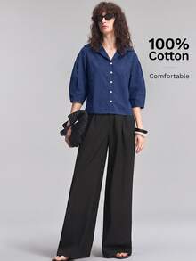 Ontre Women's Comfortable Premium Fabric Fitted Loose Fit Dropped Shoulder Three-Quarter Sleeve Cocoon Sleeve Silhouette Front Placket Body All Season Versatile Modern Urban Fashion Business Casual Office Wear Low-Key Old Money Style Elegant Sophisticated Commute High Quality Airport Outfit Intellectual Graceful Old Money Style Cruise Wear Wedding Guest Attire Minimalist Elegant Special Edition Shirt - Navy Blue - View 3