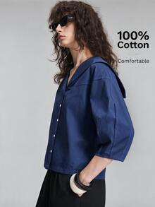 Ontre Women's Comfortable Premium Fabric Fitted Loose Fit Dropped Shoulder Three-Quarter Sleeve Cocoon Sleeve Silhouette Front Placket Body All Season Versatile Modern Urban Fashion Business Casual Office Wear Low-Key Old Money Style Elegant Sophisticated Commute High Quality Airport Outfit Intellectual Graceful Old Money Style Cruise Wear Wedding Guest Attire Minimalist Elegant Special Edition Shirt - Navy Blue - View 2