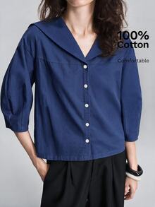 Ontre Women's Comfortable Premium Fabric Fitted Loose Fit Dropped Shoulder Three-Quarter Sleeve Cocoon Sleeve Silhouette Front Placket Body All Season Versatile Modern Urban Fashion Business Casual Office Wear Low-Key Old Money Style Elegant Sophisticated Commute High Quality Airport Outfit Intellectual Graceful Old Money Style Cruise Wear Wedding Guest Attire Minimalist Elegant Special Edition Shirt - Navy Blue - View 6