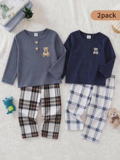 SHEIN Piyama Bayi Laki-Laki Motif Beruang Lucu Kotak-kotak Rajut Lembut Nyaman Lengan Panjang Celana Panjang Set Pakaian Tidur Santai