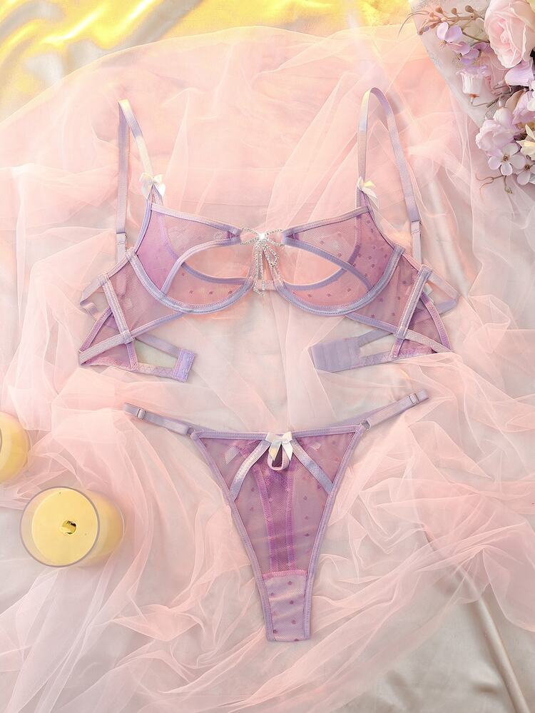 DelicateAllure Women's Sexy Jacquard Bow & Rhinestone Bra And Bow Decor Triangle Panty Lingerie Set - Purple - View 1