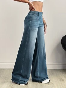 SHEIN Tall 前片拼接水洗寬腿牛仔褲 - 灰色 - 查看 6