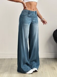 SHEIN Tall 前片拼接水洗寬腿牛仔褲 - 灰色 - 查看 5