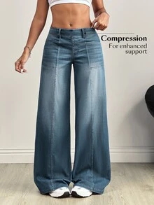 SHEIN Tall 前片拼接水洗寬腿牛仔褲 - 灰色 - 查看 4