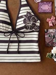 Elavelle Women's Spring/Summer Random Print Spaghetti Strap Bow Tank Top Bikini Top - Multicolor - View 5