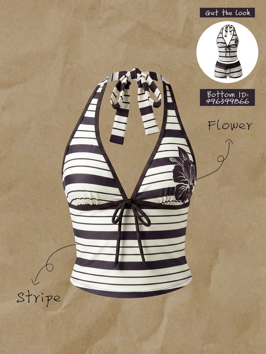 Elavelle Women's Spring/Summer Random Print Spaghetti Strap Bow Tank Top Bikini Top - Multicolor - View 1