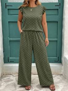 EMERY ROSE Olive Green,Summer,Boho,Vacation,Holiday Mother's Day Plus Size Polka Dot Flutter Sleeve Round Neck Top,Straight Loose Pants 2 Pieces Set Printed Outfit - Multicolor - View 4