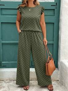 EMERY ROSE Olive Green,Summer,Boho,Vacation,Holiday Mother's Day Plus Size Polka Dot Flutter Sleeve Round Neck Top,Straight Loose Pants 2 Pieces Set Printed Outfit - Multicolor - View 2
