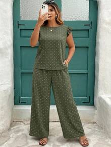 EMERY ROSE Olive Green,Summer,Boho,Vacation,Holiday Mother's Day Plus Size Polka Dot Flutter Sleeve Round Neck Top,Straight Loose Pants 2 Pieces Set Printed Outfit - Multicolor - View 6
