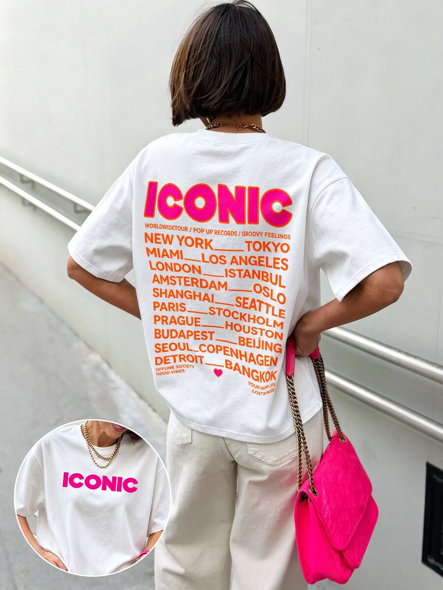 SHEIN LUNE Women's Winter T-Shirt, Printed With Classic City Name Letter Patterns On Both Front And Back, Casual Wear - White - View 1