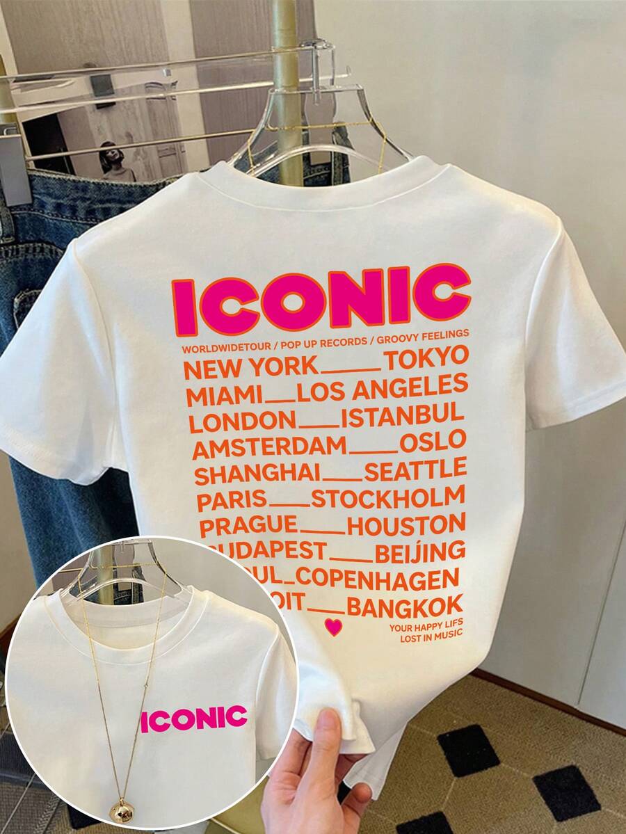 Resyla Women's Winter T-Shirt, Printed With Classic City Name Letter Patterns On Both Front And Back, Casual Wear - White - View 1