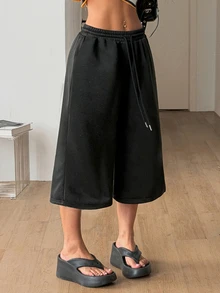Coolane 女士春夏街头风复古水洗做旧舒适牛仔效果黑色短裤 - 黑色 - 查看 3