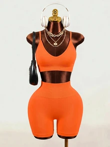 SHEIN Sports 女士纯色无钢圈运动文胸和短裤无缝瑜伽套装，夏季 - 橘色 - 查看 1