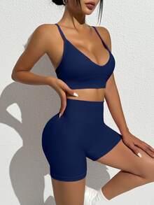 SHEIN Sports 纯色无缝瑜伽运动吊带背心和短裤套装 - 藏蓝色 - 查看 4