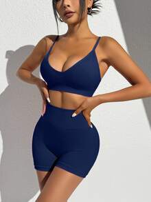 SHEIN Sports 纯色无缝瑜伽运动吊带背心和短裤套装 - 藏蓝色 - 查看 3