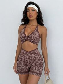 Slayform Slayform 豹纹露背吊带上衣和短裤运动套装 棕色运动套装 女士运动服 健身连体衣 运动连体裤 女士健身套装 女士运动服套装 - 棕色 - 查看 8