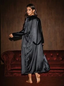 Hourtrue New Soft Satin Sleepwear Set, V-Neck Camisole Dress And Long Sleeve Robe, Comfortable Loose Solid Color Loungewear For Women - Black - View 2