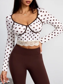 Dewbera Dewbera Women's Polka Dot Casual Daily Long Sleeve Sports T-Shirt - Apricot - View 2