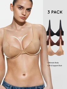 SHAPORA 3pcs Bra Premium Apricot Underwire Push-Up dengan Pengait Ganda dan Desain Samping yang Merata untuk Wanita - MultiWarna - View 7