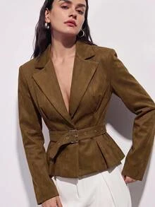 Aveloria Modichic 女款秋季復古咖啡棕色麂皮短版西裝外套，翻領、單扣、收腰設計，機車風，小碼上衣，通勤休閒優雅百搭 - 咖啡棕 - 查看 4
