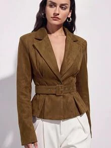 Aveloria Modichic 女款秋季復古咖啡棕色麂皮短版西裝外套，翻領、單扣、收腰設計，機車風，小碼上衣，通勤休閒優雅百搭 - 咖啡棕 - 查看 5