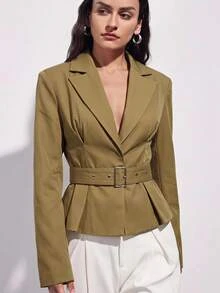 Aveloria Modichic 橄欖綠條紋女款西裝外套，收腰寬鬆版型，可拆卸腰帶，極簡商務專業都市現代風，細條紋西裝，秋季 - 卡其色 - 查看 5