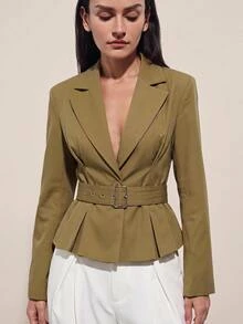 Aveloria Modichic 橄欖綠條紋女款西裝外套，收腰寬鬆版型，可拆卸腰帶，極簡商務專業都市現代風，細條紋西裝，秋季 - 卡其色 - 查看 3