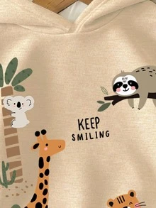 CARTOON ANIMALS, ZOO, Baby Boy Casual Minimalist Loose Comfortable Soft Knit Hooded Pullover Sweatshirt Suitable For Autumn/Winter - White - View 3