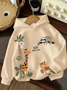 CARTOON ANIMALS, ZOO, Baby Boy Casual Minimalist Loose Comfortable Soft Knit Hooded Pullover Sweatshirt Suitable For Autumn/Winter - White - View 2