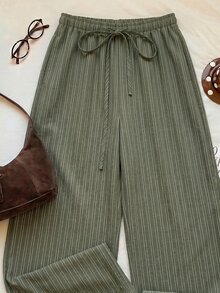 SHEIN EZwear Women's Casual Tie Waist Straight Leg Pants, Suitable For Summer - Army Green - View 7