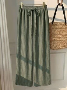 SHEIN EZwear Women's Casual Tie Waist Straight Leg Pants, Suitable For Summer - Army Green - View 4