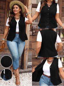 EMERY ROSE Plus Size Women Casual Everyday Simple Solid Corduroy Vest Jacket, Autumn,Fall Winter - Black - View 7