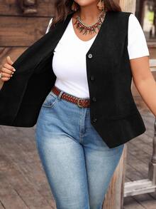 EMERY ROSE Plus Size Women Casual Everyday Simple Solid Corduroy Vest Jacket, Autumn,Fall Winter - Black - View 8