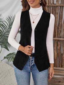 EMERY ROSE Plus Size Women Casual Everyday Simple Solid Corduroy Vest Jacket, Autumn,Fall Winter - Black - View 5