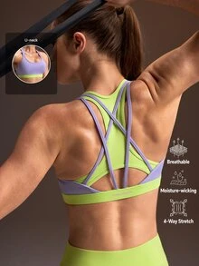 Powerista Bra Olahraga Wanita Penopang Tinggi untuk Semua Musim, Perpaduan Warna Ungu dan Hijau dengan Tali Silang di Belakang dan Desain Dua Warna untuk Olahraga Aktif - Purple - View 1