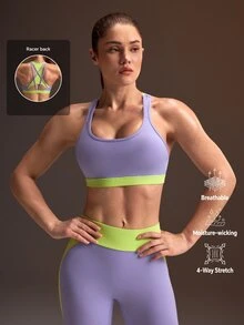 Powerista Bra Olahraga Wanita Penopang Tinggi untuk Semua Musim, Perpaduan Warna Ungu dan Hijau dengan Tali Silang di Belakang dan Desain Dua Warna untuk Olahraga Aktif - Purple - View 2