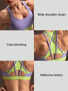 Powerista Bra Olahraga Wanita Penopang Tinggi untuk Semua Musim, Perpaduan Warna Ungu dan Hijau dengan Tali Silang di Belakang dan Desain Dua Warna untuk Olahraga Aktif - Purple - View 4