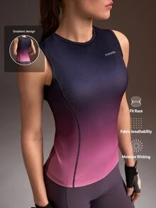 Powerista Atasan Sepeda Tanpa Lengan Motif Gradien Wanita Warna Pink, Desain Geometris Gradien Reflektif, Bernapas, Ringan, Kering dan Nyaman untuk Olahraga. - Purple - View 1