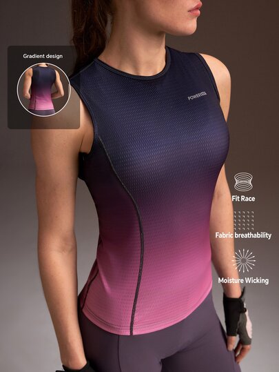 Powerista Women's Gradient Print Sleeveless Cycling Top Pink Geometric Gradient Reflective Design, Breathable, Lightweight, Dry And Comfortable Jersey Workout