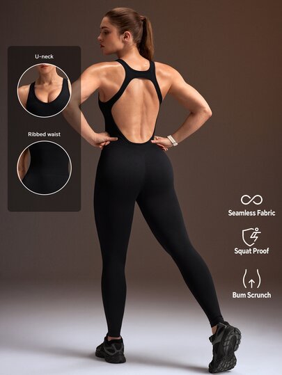 Powerista Jumpsuit Panjang Ketat Tanpa Jahitan Tanpa Punggung untuk Olahraga Musim Panas & Semi Wanita, Warna Hitam Polos, Detail Desain Punggung Terbuka