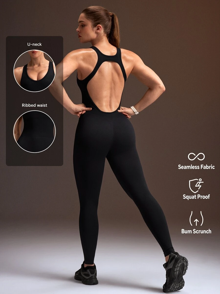 Powerista Jumpsuit Panjang Ketat Tanpa Jahitan Tanpa Punggung untuk Olahraga Musim Panas & Semi Wanita, Warna Hitam Polos, Detail Desain Punggung Terbuka - Hitam - View 1