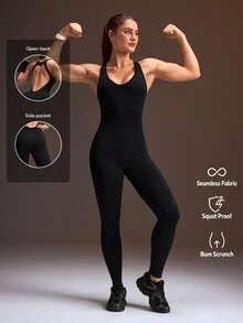 Powerista Jumpsuit Panjang Ketat Tanpa Jahitan Tanpa Punggung untuk Olahraga Musim Panas & Semi Wanita, Warna Hitam Polos, Detail Desain Punggung Terbuka - Hitam - View 2