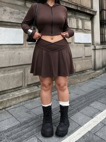 Bonvoyette 女款大尺碼純色連帽衫與迷你裙運動套裝 - 咖啡棕 - 查看 5