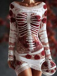 Selamara 2026 Neues Halloween Rosen-Skelett-Muster Kleid für Frauen, dunkler Stil Pailletten Spitze Patchwork Off-Shoulder Langarm Mini-Kleid, sexy Vintage Rosen-Dekor figurbetontes Partykleid, geeignet für Themenpartys, Bühnenauftritte, Bar- und Nachtclub-Outfits, einzigartige Tag der Toten Atmosphäre schlankmachendes kurzes Kleid, Herbst/Winter Damenbekleidung